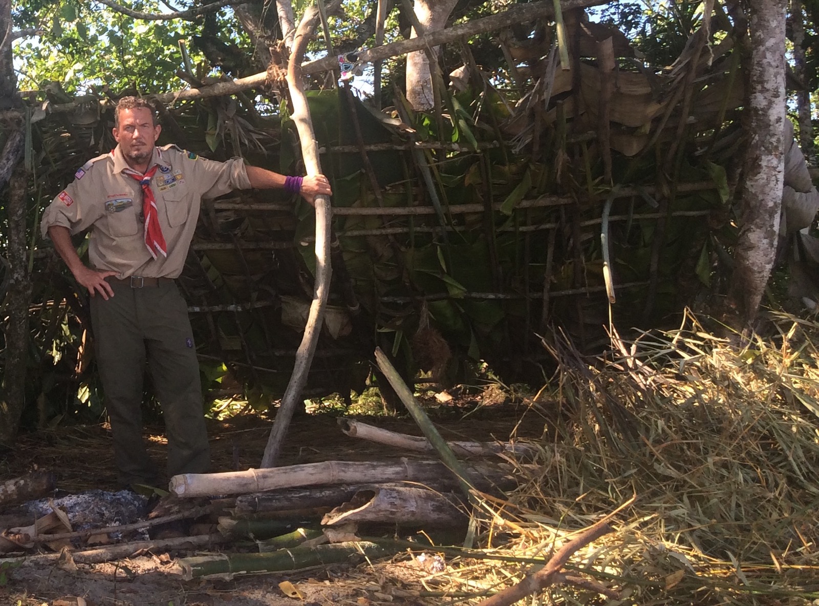 Terry Fossum at a survival shelter in the Amazon jungle